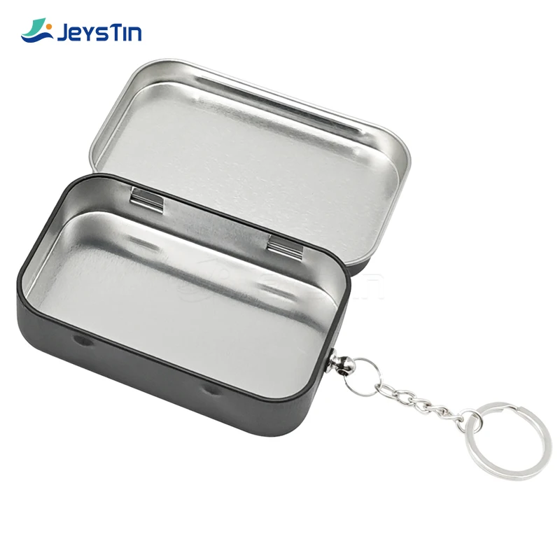 Rectangular Hinged Metal Packing Tin Box Silver Black  Plain Tin Container Small Metal Tins Box with Key Chain