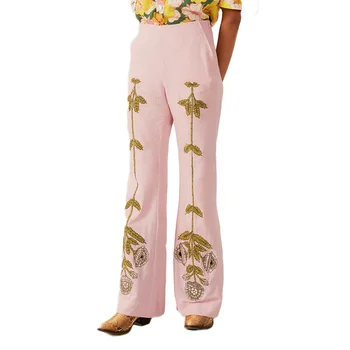 Custom European American Style Women's Pants With Floral Plant Embroidery Handmade Woven Casual Daily Wear Trousers for Ladies