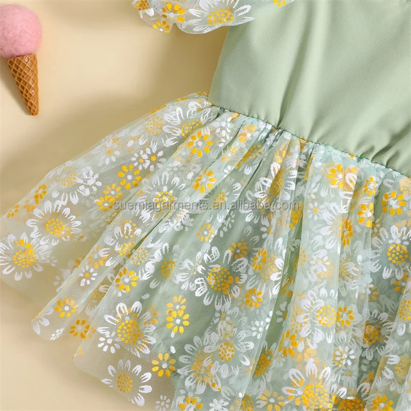 Infant Romper Sunflowers Print Short Puff Sleeve Lace Mesh 3 Colors ...