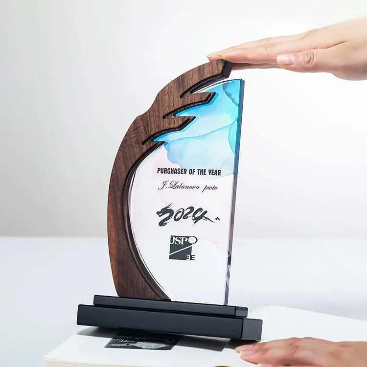 Small Bridge Factory Best Wooden Crystal Glass Awards Plaque Trophy Wholesale High-Grade Craft Wood Trophy Award