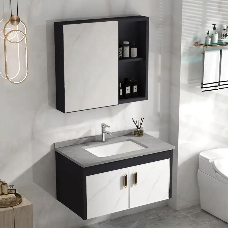 Hotel furniture bathroom vanity sink aluminum cabinet sintered stone wash basin modern bathroom cabinet with mirror factory