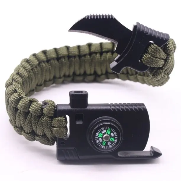 Bracelet de survie en paracorde militaire vert 5 en 1, couteau