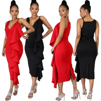 Hot sale boutique women's red black color ruffled irregular sling dress