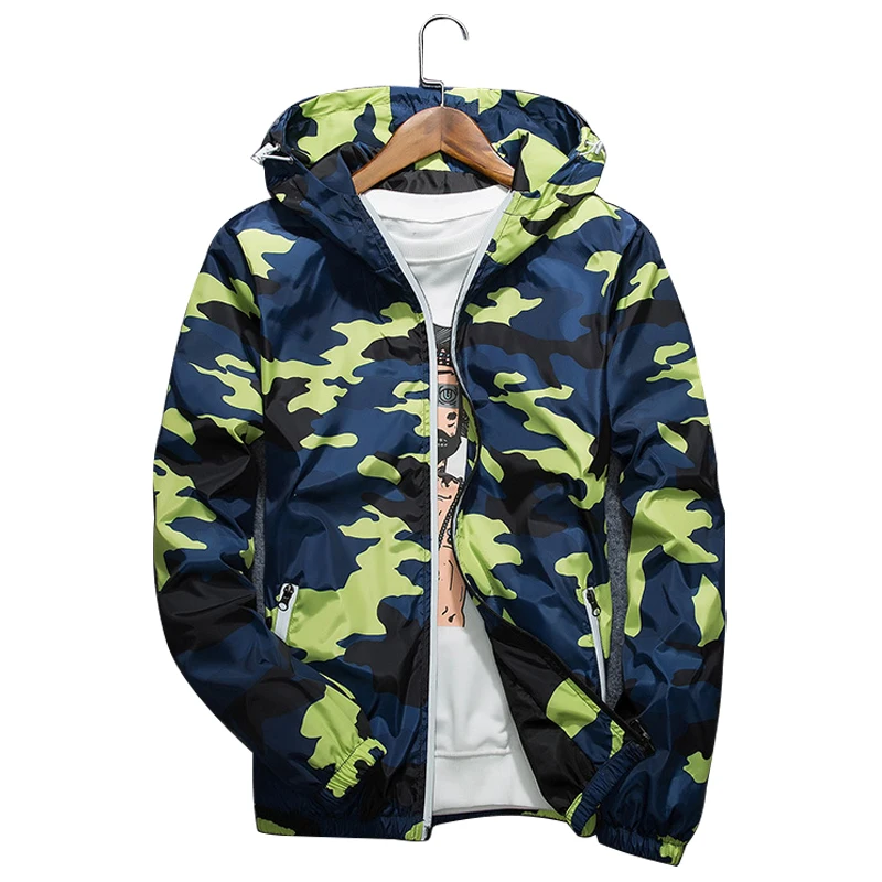 Camouflage Pattern Men's Autumn Pilot Jacket Hooded Thin Windbreaker Jacket with Reflective Zipper Polyester Material Casual Outdoor