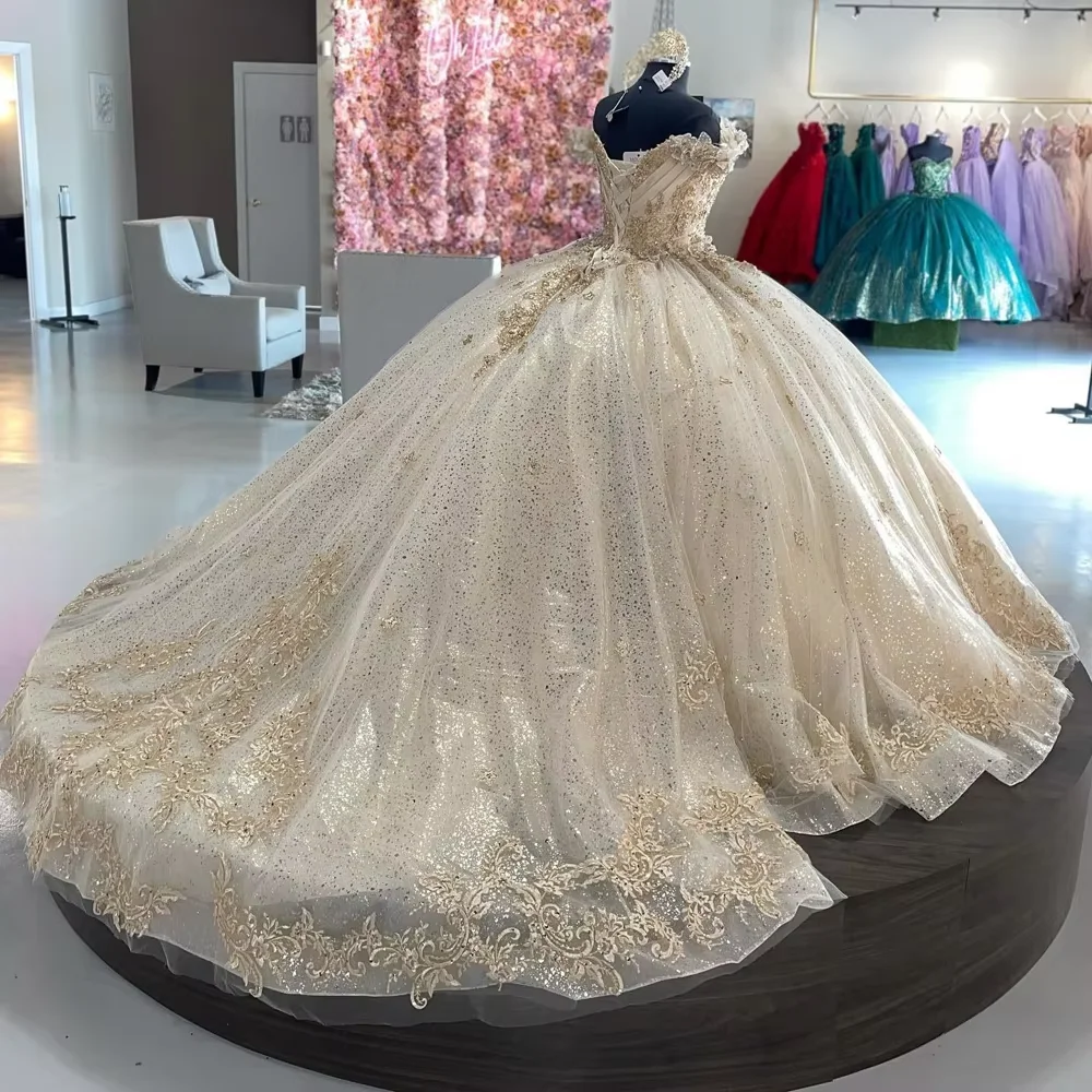 Glitter Beige Gold Plus Size Mexican off the Shoulder Ball Gown