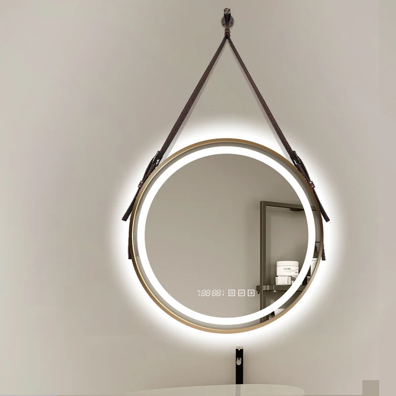 Wholesale Metal Framed Wall Decorative Size 50x50 55x55 60x60cm Leather Rope Wall Hanging Bathroom Led Smart Mirror