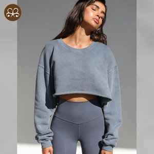 Customized Round Neck Cotton Plain Color Women Hoodies High Quality Women Cut off Sweatshirt