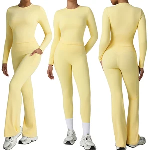 LD0001+LD0002 Long Sleeve Crew Neck  Top with Flare Pants  Leggings  Yoga 2 Piece Set with Side Pockets