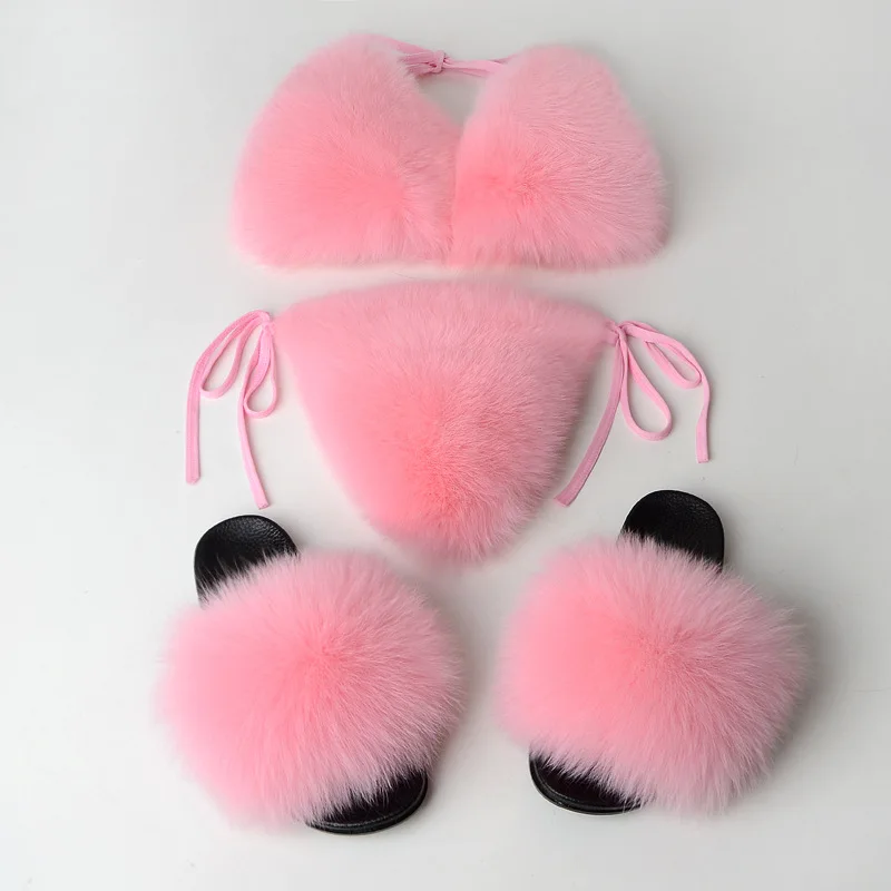 Fox Fur Bikini Bra Set With Real Furry Hair Pink Fuzzy Slippers Womens Sexy  And Warm Indoor Fluffy Underwear For Girls And Women From Wangwensi2011,  $56.68