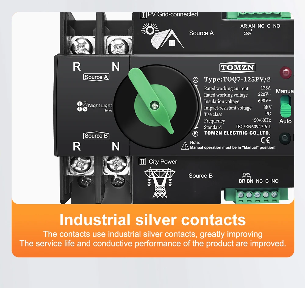 TOMZN 2P TOQ7 PV 220V 230V 63A 100A 125A Din Rail ATS Dual Power Automatic Transfer Electrical Selector Switch Uninterrupted