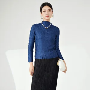 Miyake Women's High Neck Stretch Printed Elegant Tops Vintage Pleated Unique Shirt Design for Summer Winter Fashionable Loose