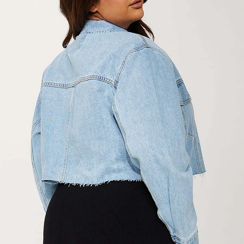 Channel Casual Basic Long Sleeve Button Down Frayed Hem Crop Top Denim Jacket for Women
