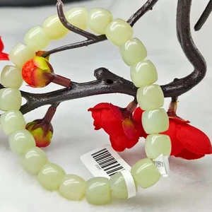 Natural Chinese Hotan Jade Green Barrel Hand String for Women Vintage Elastic Fashion Beads Prayer Hand String