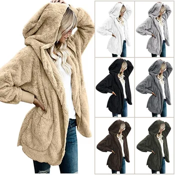 Fuzzy Fleece Open Front Pocket Hooded Cardigan Outwear ladies fake faux fur Jacket Coats for women