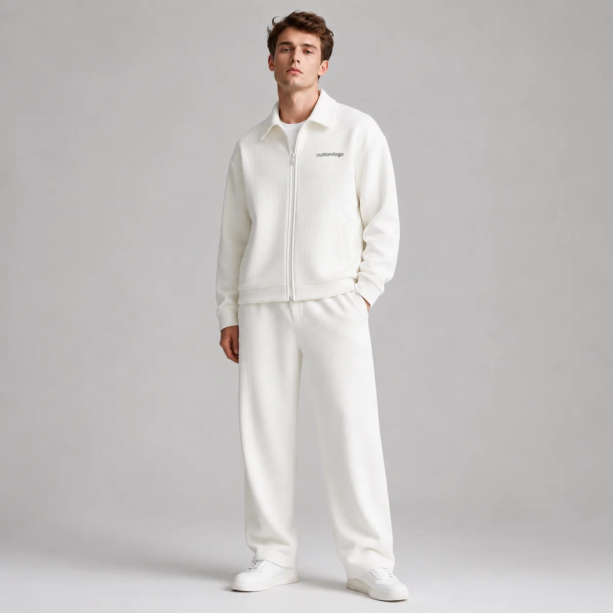 Knit FabricSet Waffle Knit Zip Jacket and Pants for Casual men's wear 2 Piece thumbnail