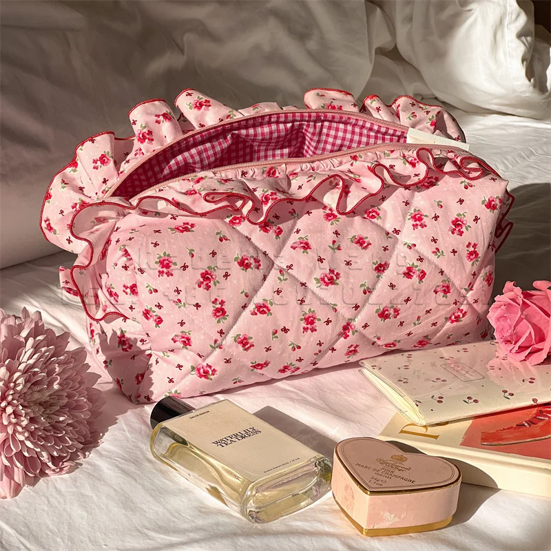 Quilted Makeup Bag Terry Cloth Conquette Wash Cosmetic Holder Towel  Cosmetic Bag Women Makeup Brush Bag Cherry Travel Pouch