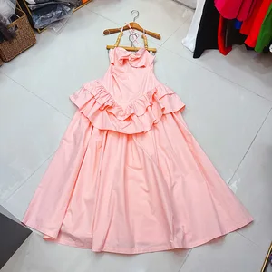 Factory Wholesale Casual Halter Dress Women Sleeveless Ruffled Patchwork High Waist Long Solid Ladies Elegant Party Dress