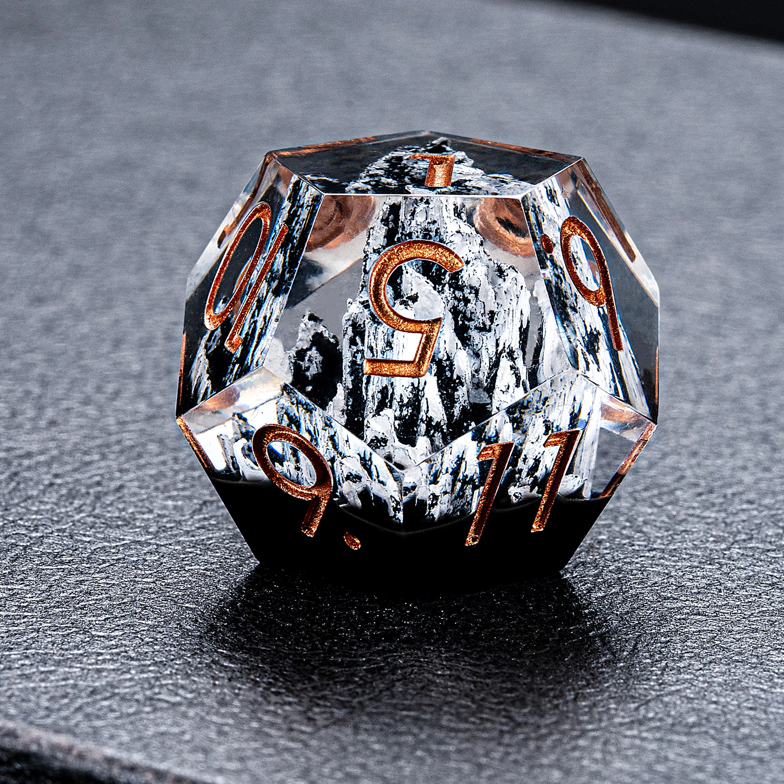 Factory Direct Polyhedral Clear White Sharp Edge Dnd Resin Dice Set With Mountain Stone for Table Games details