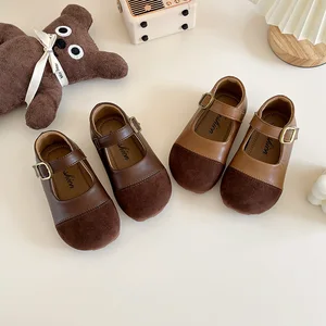 Korean Style Design Children's Patchwork Small Leather Shoes Autumn Girls' PU Casual Soft-Soled Flat Single Shoes