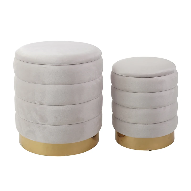 2025 Round Ottoman with Storage Set of 2 Cream-coloured Velvet Storage OttomandStool for Living Room Vanity Stool