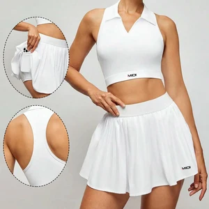 High Quality Gym Fitness Set Women's V Neck Golf T-shirts Tennis Skirt Set Women's Fitness Tennis Wear