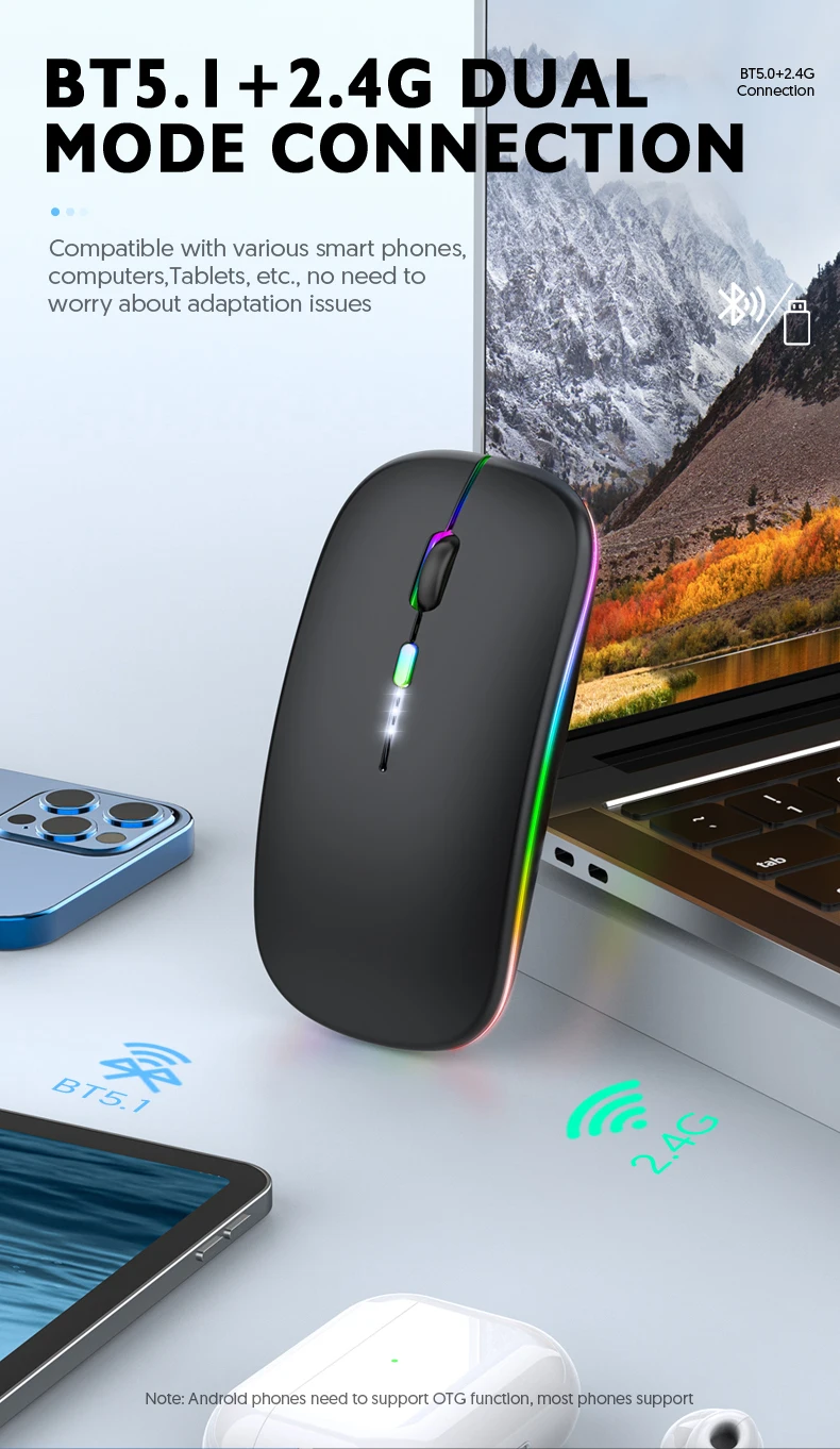 Best-selling Popular LED Rechargeable 2.4G+Blueteeth Dual Mode Wireless Mouse Glowing Custom LOGO Brand for Office