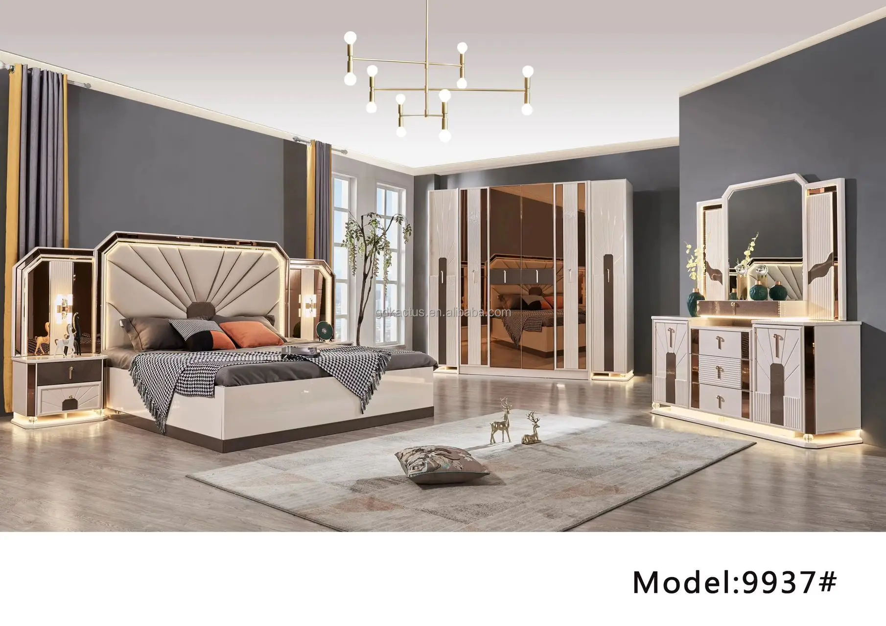 Modern Design Elegant King Size Fancy Bedroom Furniture Set High End High Glossy Luxury Royal