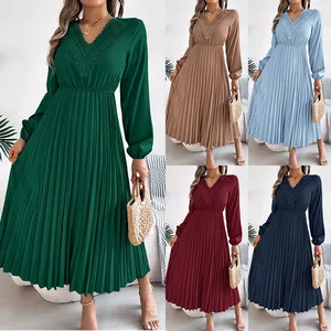 Women's Elegant Long Sleeve Cross V-Neck Pleated Maxi Dress Sweet Style Draped Waist Strap Solid Color for Spring Autumn Seasons