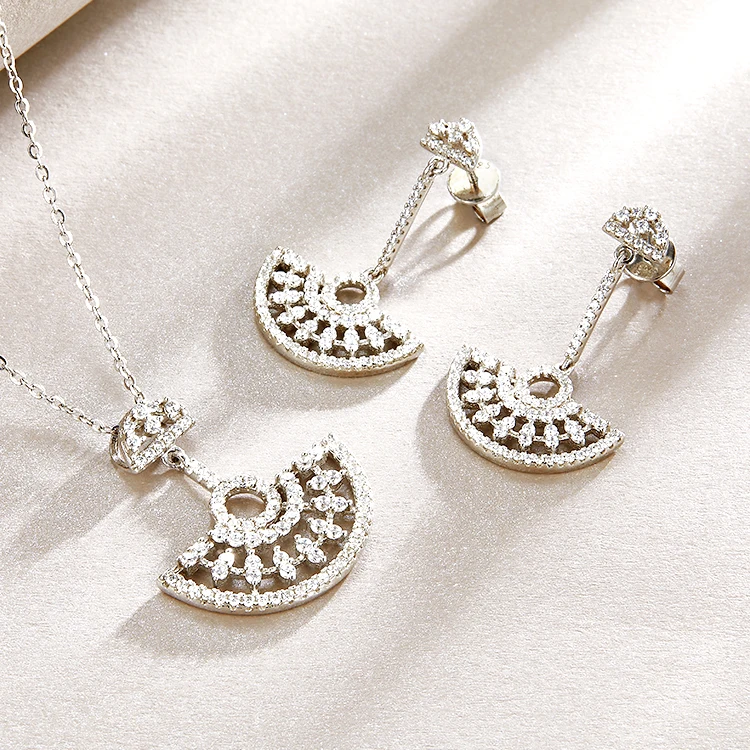 925 Silver Fine Jewelry Sets Cz Fan Shaped Necklace And Earrings