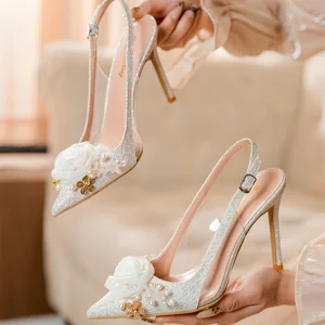 2026 New Thin Heel White Women's High Top Wedding Shoes Pointed Shallow Mouth Flower Designs After-the-Empty 6CM/8CM/10CM High