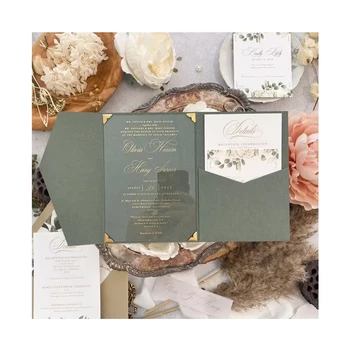 Fancy Transparent clear Acrylic Quinceanera Birthday Wedding Gift Invitation Card with Green Trifold Envelope