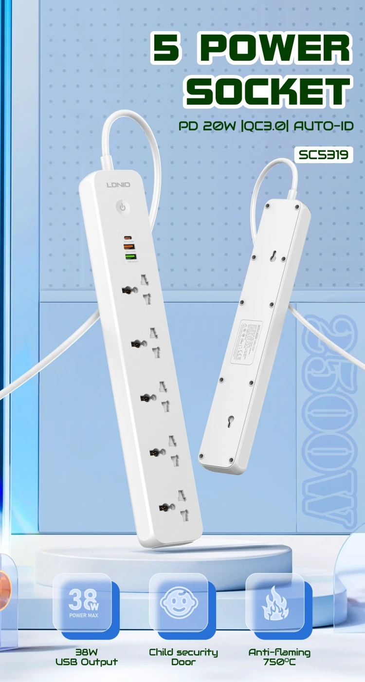 Ổ cắm điện đa năng LDNIO SC5319 2500W 5 Universal Outlet chính hãng