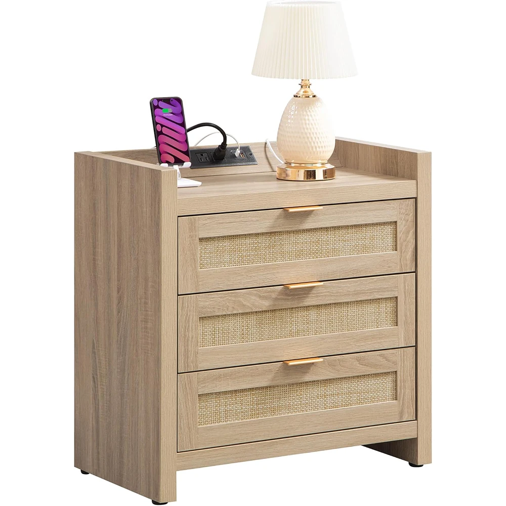 Modern Nightstand with Type-C Charging Station 3 Drawers Storage LED Lighting Bedroom Furniture Home
