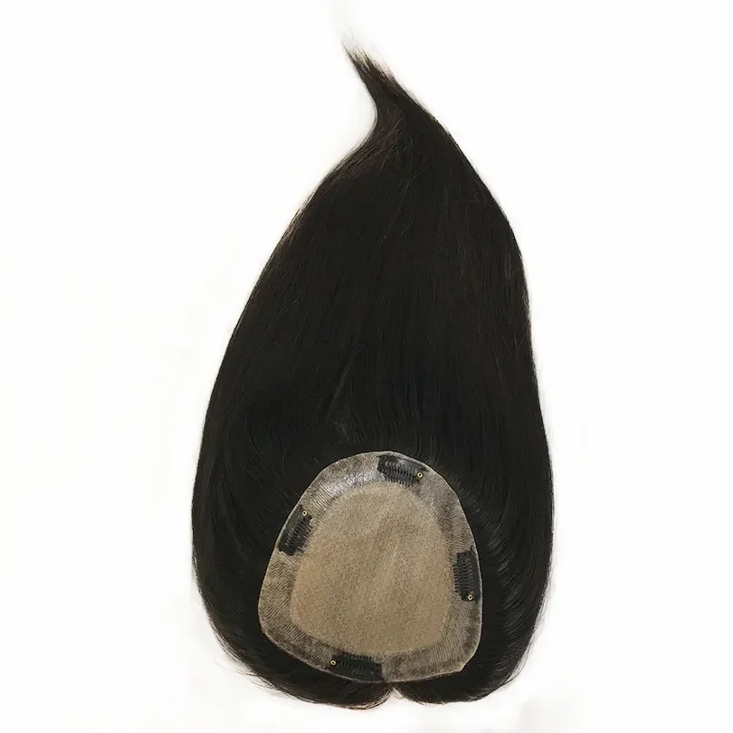 European Virgin Human Hair Topper Silk Top Skin Base Toupee with Clips Hair Piece Natural Black_voghion.com