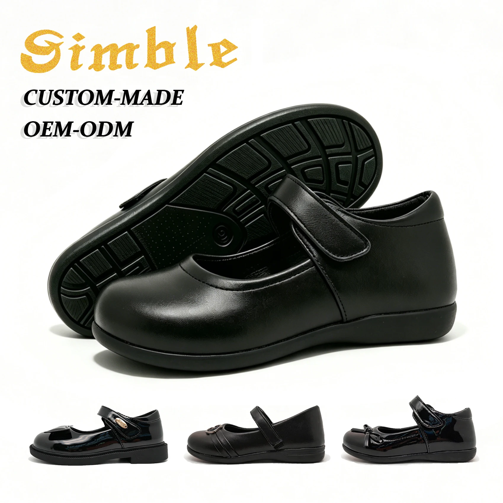 Customized Simple Children Student Shoes Outdoor Hard-wearing Rubber PU Kids Girls Black School Shoes