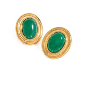 Vintage Jewelry Stainless Steel 18k Gold Plated Natural Stone Stud Earrings Geometric Luxury Green Agate Earrings