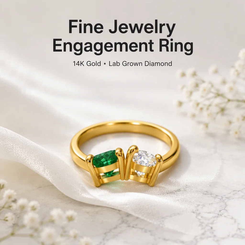 14K Gold Lab Grown Diamond Ring Emerald Cut Pear Round Lab Created Diamond Engagement Ring Lab Diamond Rings for Women