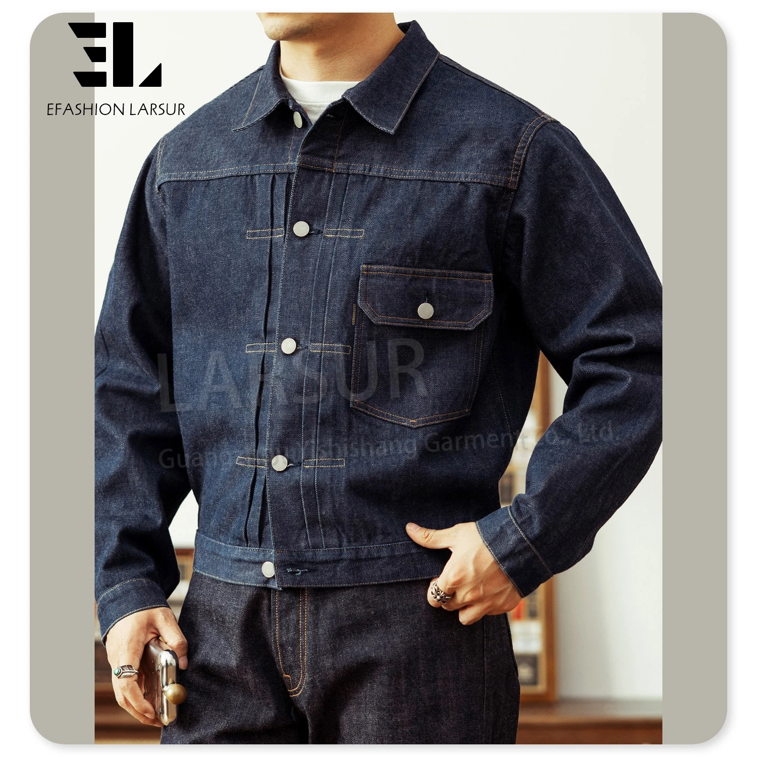 LARSUR Custom Denim Factory Heavy Raw Selvedge Denim Jacket With Buckle 11-15 oz Japanese Style Red Selvedges Jeans Jacket Men
