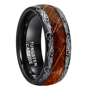 8mm Black Tungsten Rings Men Women Whiskey Wood Inlay Vintage Baroque Frame Leaf Engagement Wedding Band Polished Comfort Fit