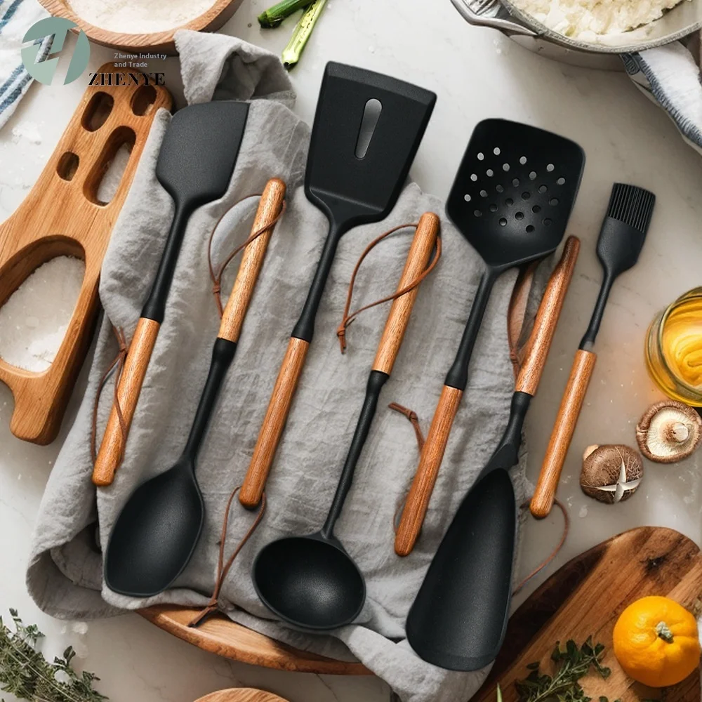 High-Temperature Kitchenware Set with New Wooden Handle Silicone Spatula Soup Spoon Daily Use Brush Utensils Cooking Tool Set