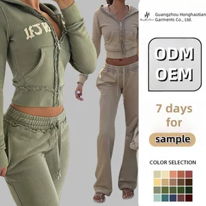 Custom Streetwear Tracksuits Cropped Hoodie Sweatpants Set Women Set Custom Puff Printing Two Piece Pants Set Women Tracksuits