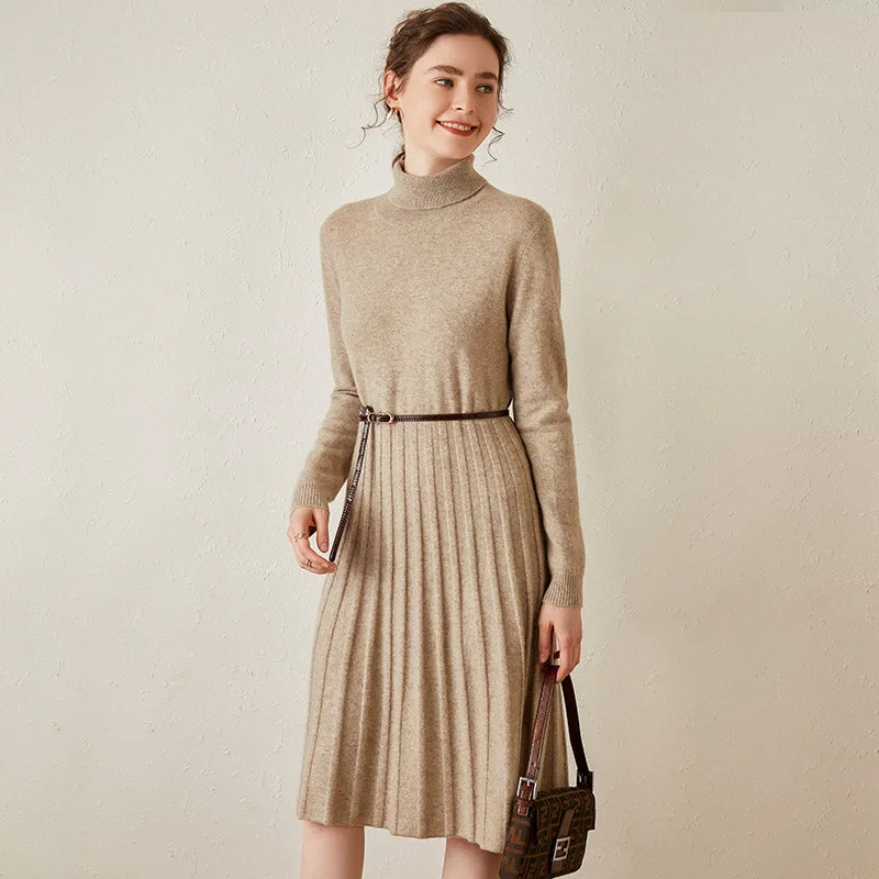 Plus Size Turtleneck Mid-length New Long-sleeved Wool Knitted Sweater Dress for Women3232350