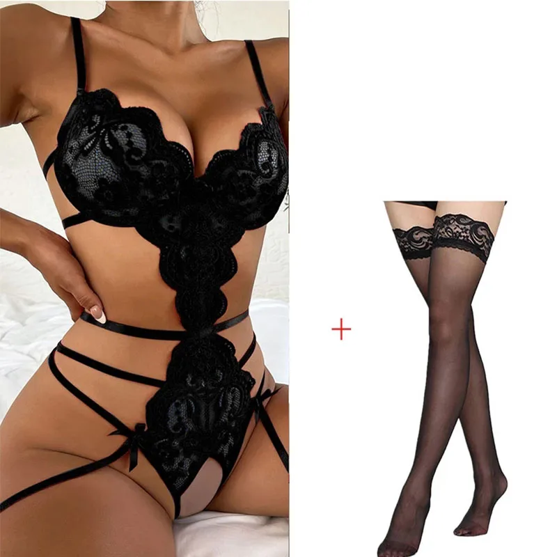 Women Sexy Lingerie Set Solid Mesh Lace Patchwork Underwear Set With Garter Belts Hot Erotic 5351