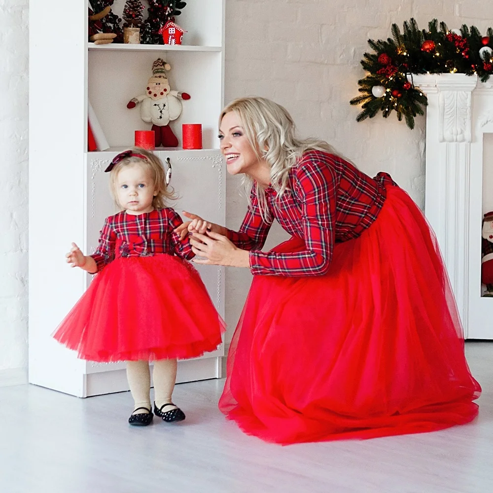 RTS Mommy and Me Red and Black Checker Xmas Plaid Design Outfits Mom and Me Christmas Dresses