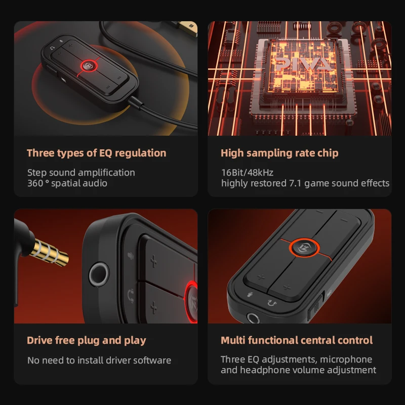 Piva 1.2m Cable 7.1 Channel 16Bit/48Khz Type-C to USB Gaming Sound Card 3.5mm Audio Port With 3 EQ Modes for Phone Tablet Laptop