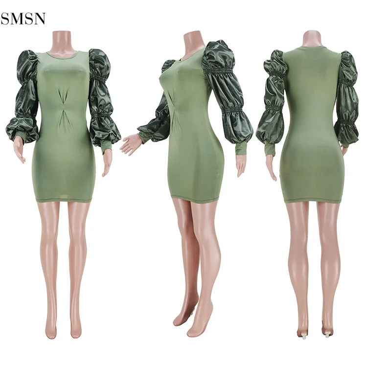 OSINA Latest Design Women Fashion Clothing Bodycon Dresses Ladies Women 2021 Puff Sleeve Dress Green Dress