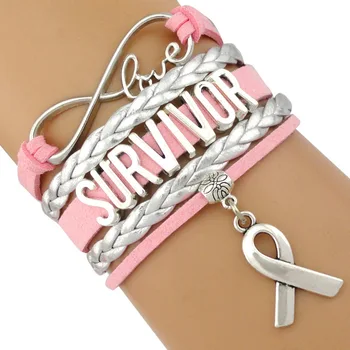 Pray for Breast Cancer Be Brave Cure Disease Sucks Awareness Love Faith Believe Fighter Survivor Hope Ribbon Leather Bracelets