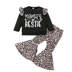 Customizable Mother's Day Cute Girls Clothing Sets Ruffle Sleeve Sweatshirts Leopard Printed Flared Trousers Kids Clothing Sets