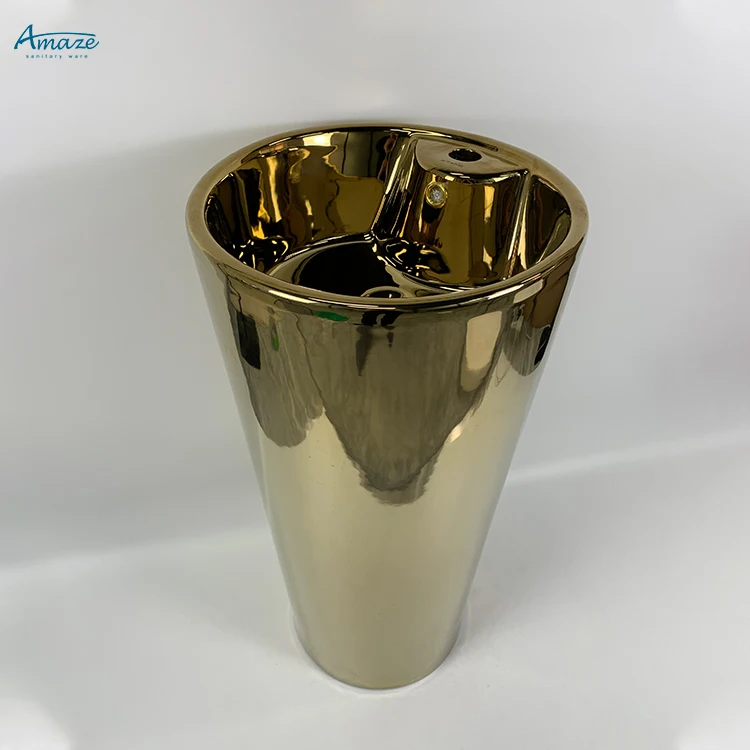 Luxury sanitary ware plated gold color basin bathroom sink ceramic full pedestal gold wash hand basin supplier