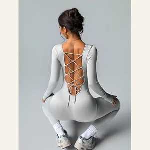 2026 New Women Seamless Long Sleeve Jumpsuit Ribbed Sexy Covercross Back Bodycon Bodysuit Workout Bodysuit